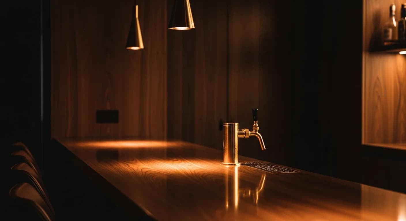 Walnut bar countertop detail with brass tap